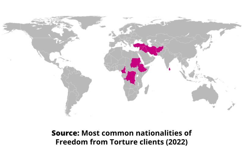 Map showing ten most common countries where Freedom from Torture clients are from